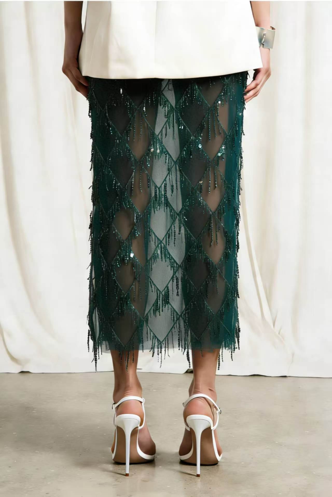 VVZ Women's Sequin-Embellished Midi Skirt — Side-Slit, Bodycon, Slimming, and Sheer Mesh Design