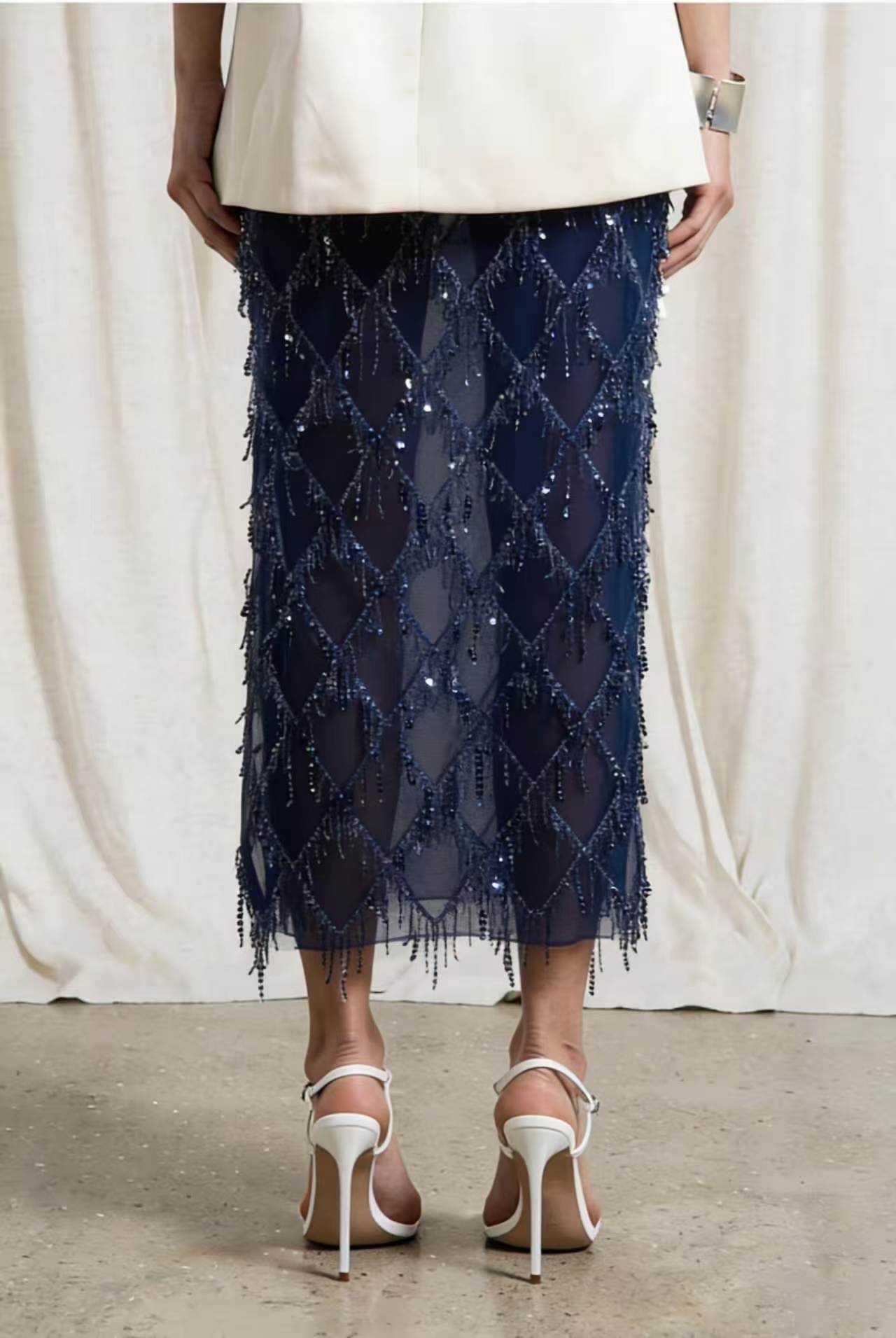 VVZ Women's Sequin-Embellished Midi Skirt — Side-Slit, Bodycon, Slimming, and Sheer Mesh Design