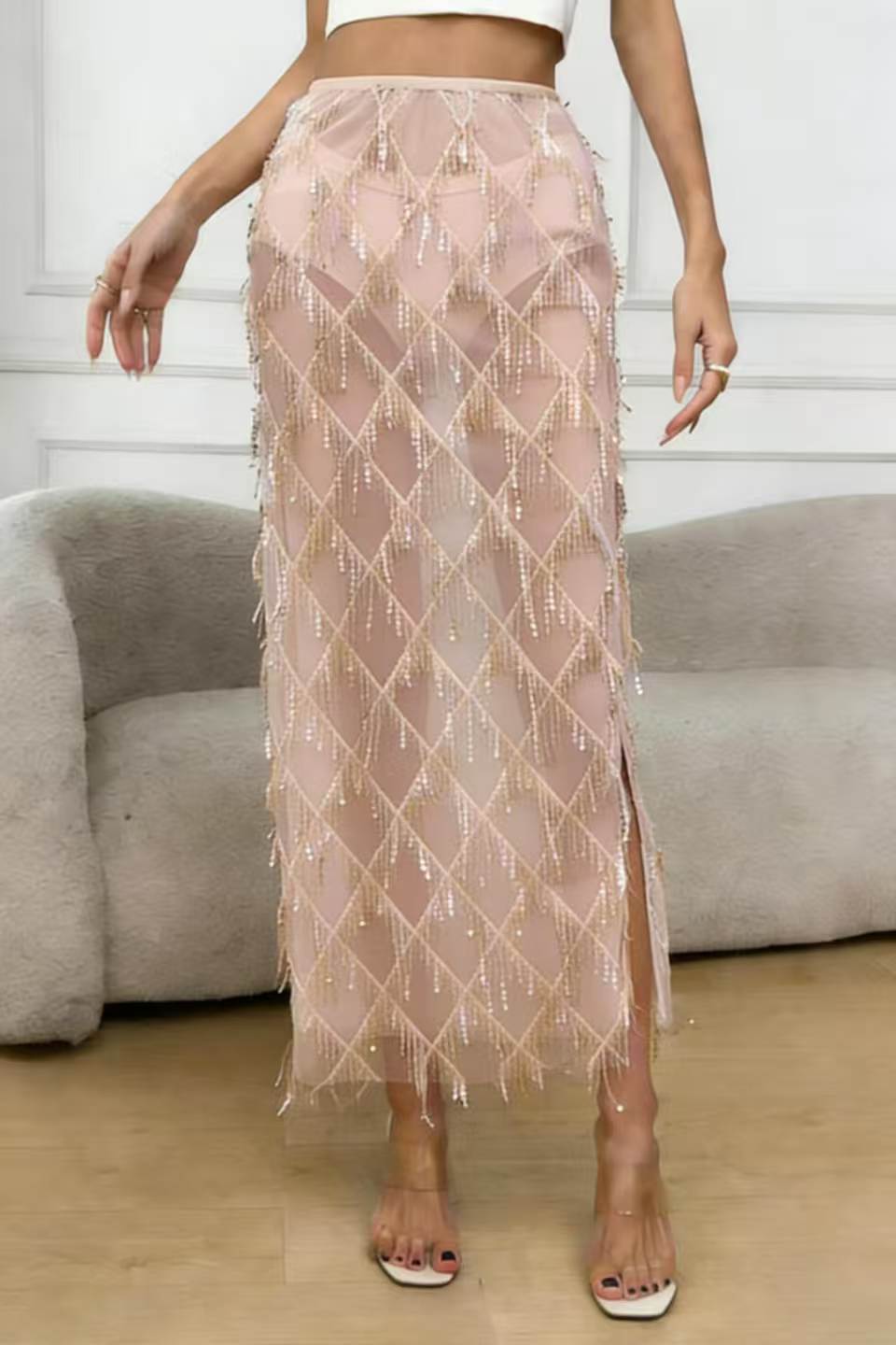 VVZ Women's Sequin-Embellished Midi Skirt — Side-Slit, Bodycon, Slimming, and Sheer Mesh Design