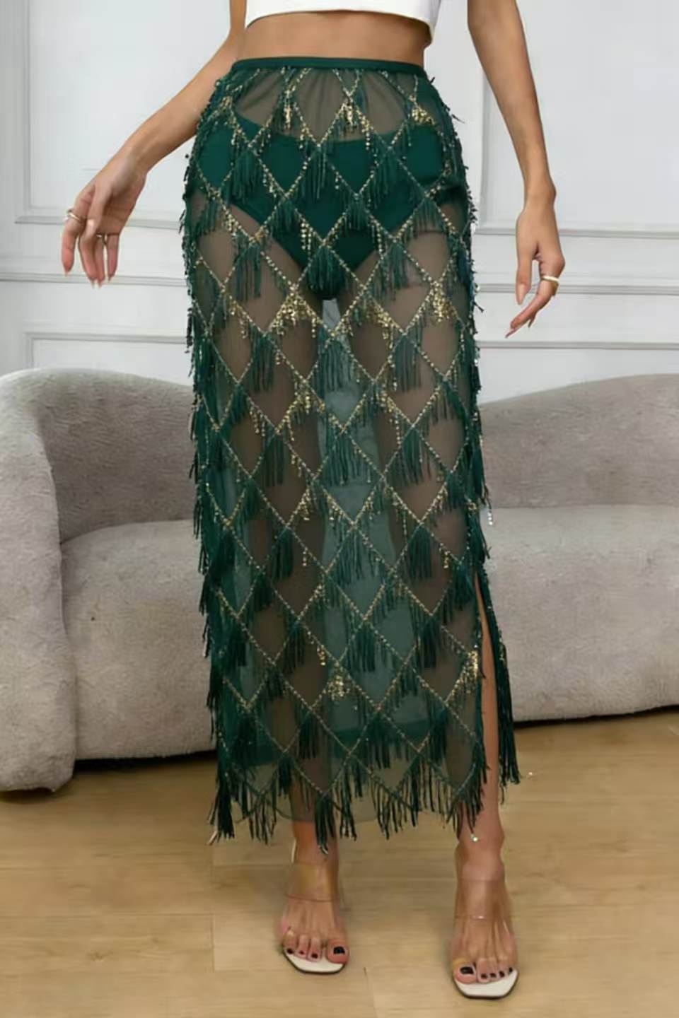 VVZ Women's Sequin-Embellished Midi Skirt — Side-Slit, Bodycon, Slimming, and Sheer Mesh Design