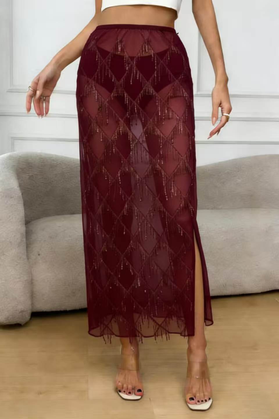 VVZ Women's Sequin-Embellished Midi Skirt — Side-Slit, Bodycon, Slimming, and Sheer Mesh Design