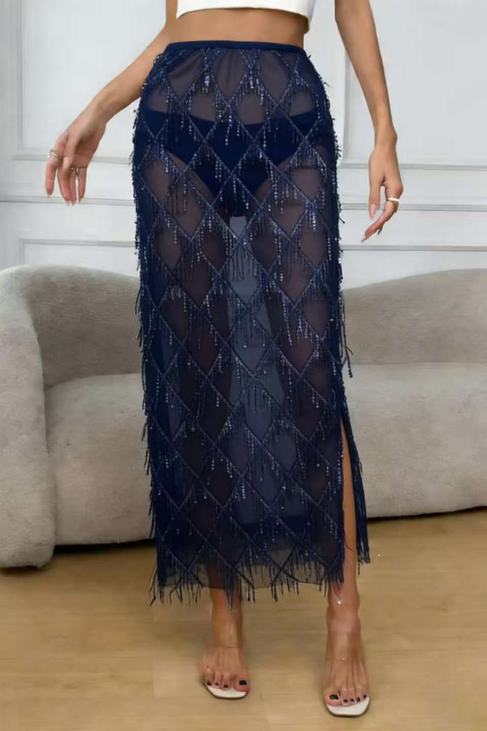 VVZ Women's Sequin-Embellished Midi Skirt — Side-Slit, Bodycon, Slimming, and Sheer Mesh Design
