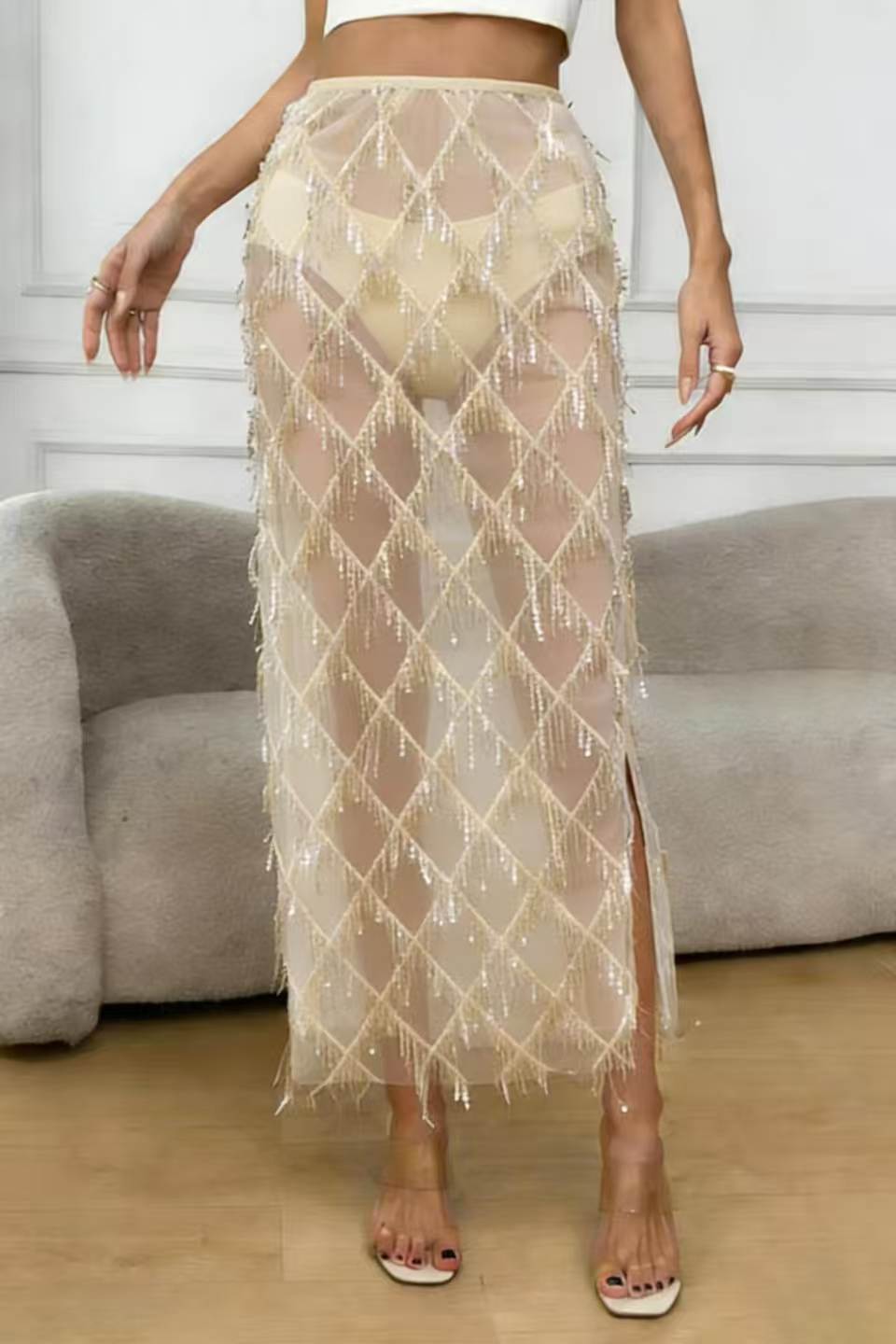 VVZ Women's Sequin-Embellished Midi Skirt — Side-Slit, Bodycon, Slimming, and Sheer Mesh Design
