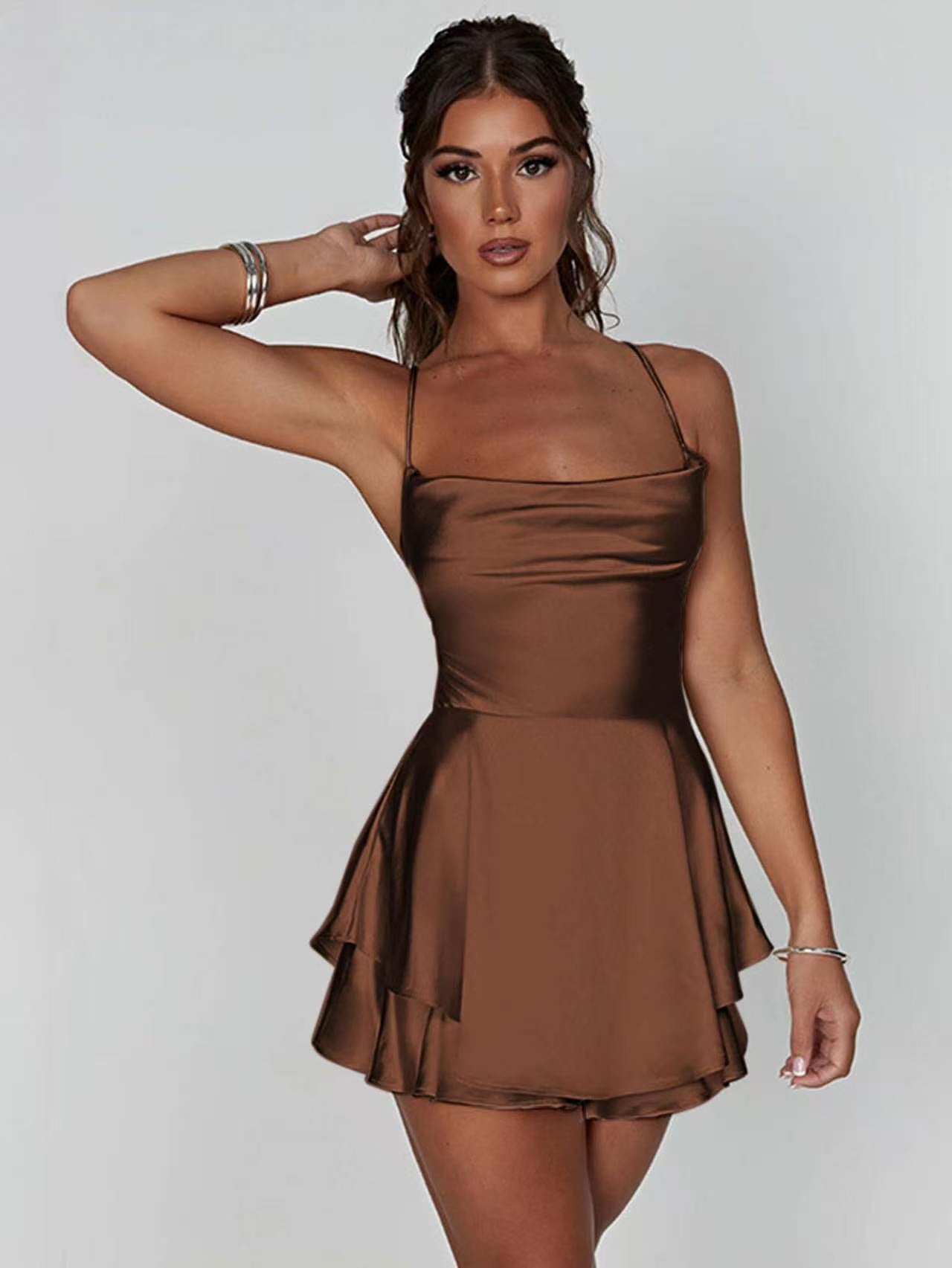 VVZ Elegant Cowl-Neck Sleeveless A-Line Mini Dress