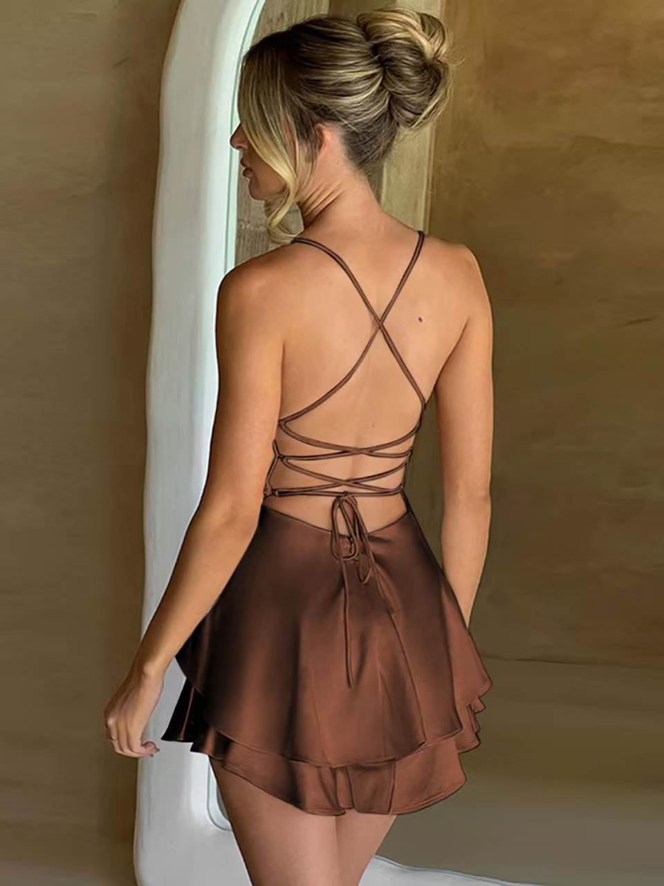 VVZ Elegant Cowl-Neck Sleeveless A-Line Mini Dress