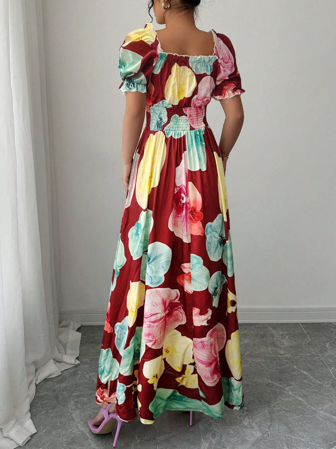 VVZ Printed puff-sleeve dress with a fitted waist