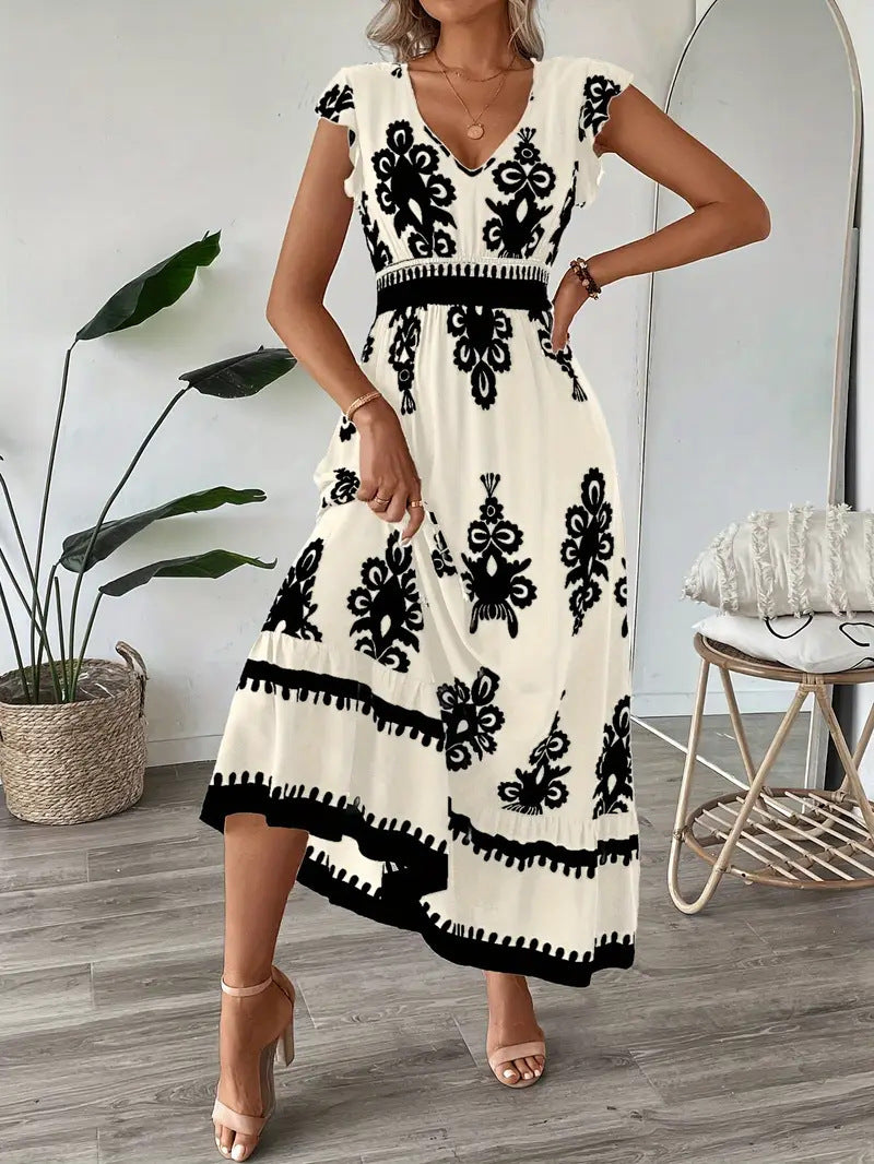 VVZ Women's V Neck Ruffle Hem A-Line Dress