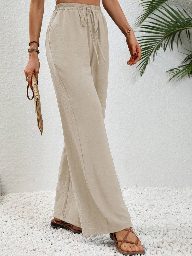 VVZ Women's Solid-Color Straight-Leg Pants with Pockets and Front Tie Closure