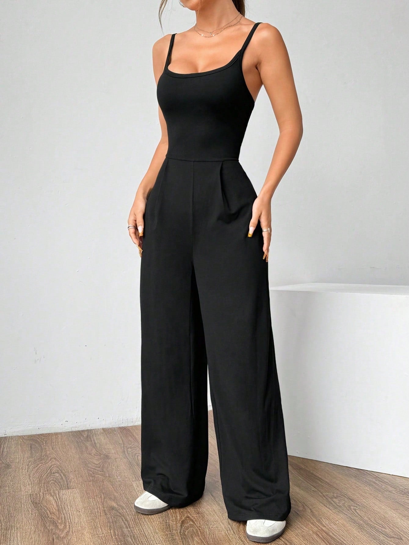 VVZ Women's Solid-Color Backless Pleated Spaghetti-Strap Jumpsuit