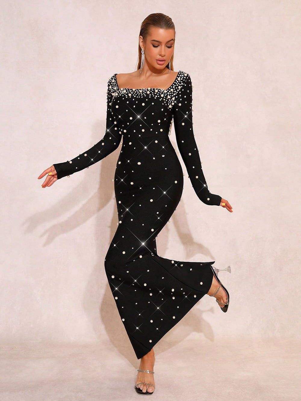 VVZ Fitted Square-Neck Maxi Dress with Beading and Rhinestone Embellishments