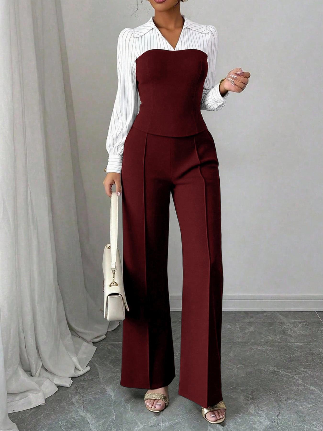 VVZ Women's Long Sleeve Colorblock Patchwork Shirt Set