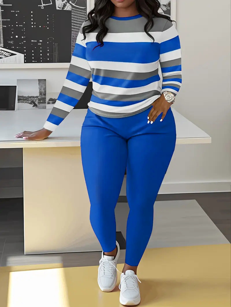 VVZ Color Block Crew Neck Top & Solid Color Pants Set