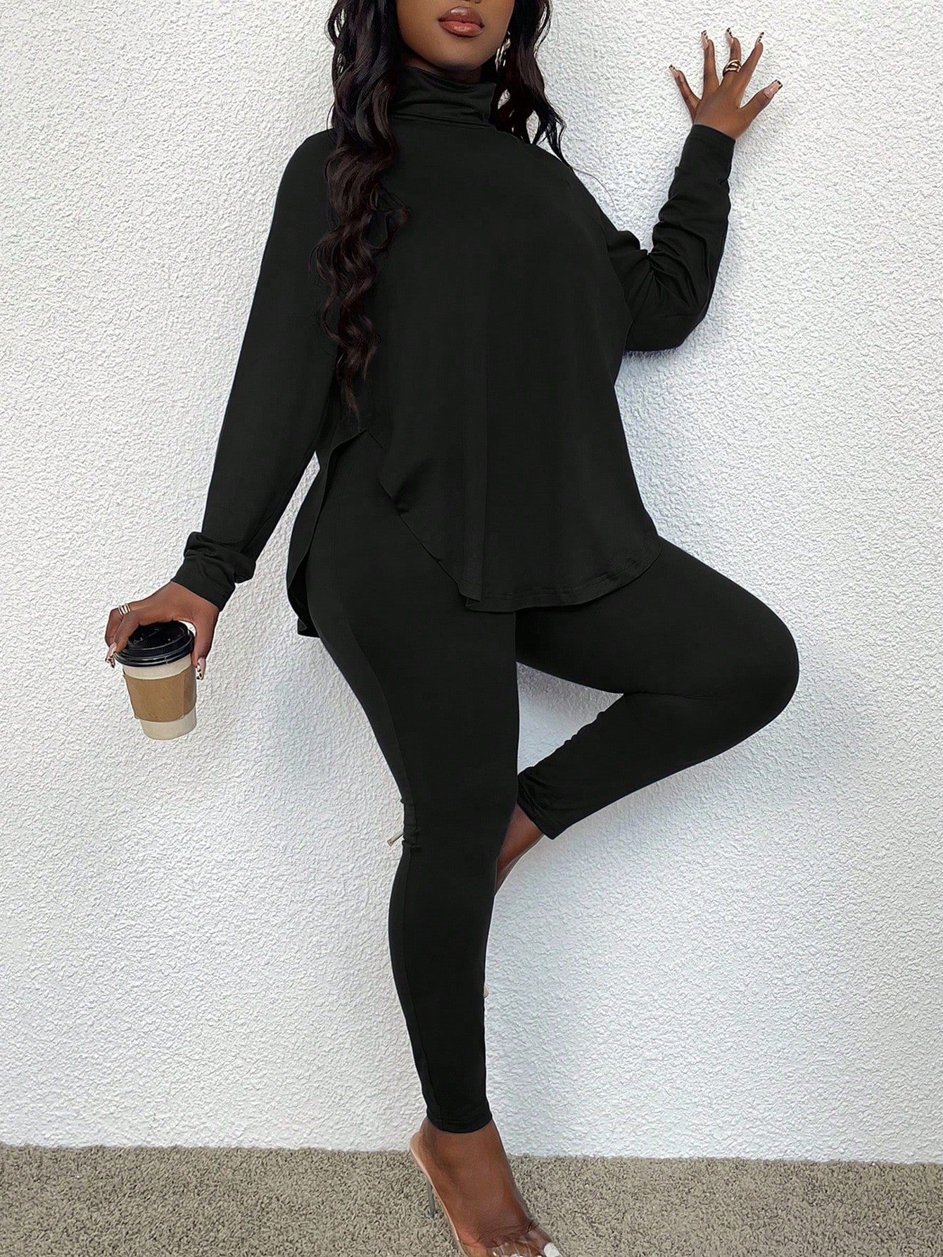 VVZ Women's solid color raglan sleeve top and slim-fit trousers two-piece set