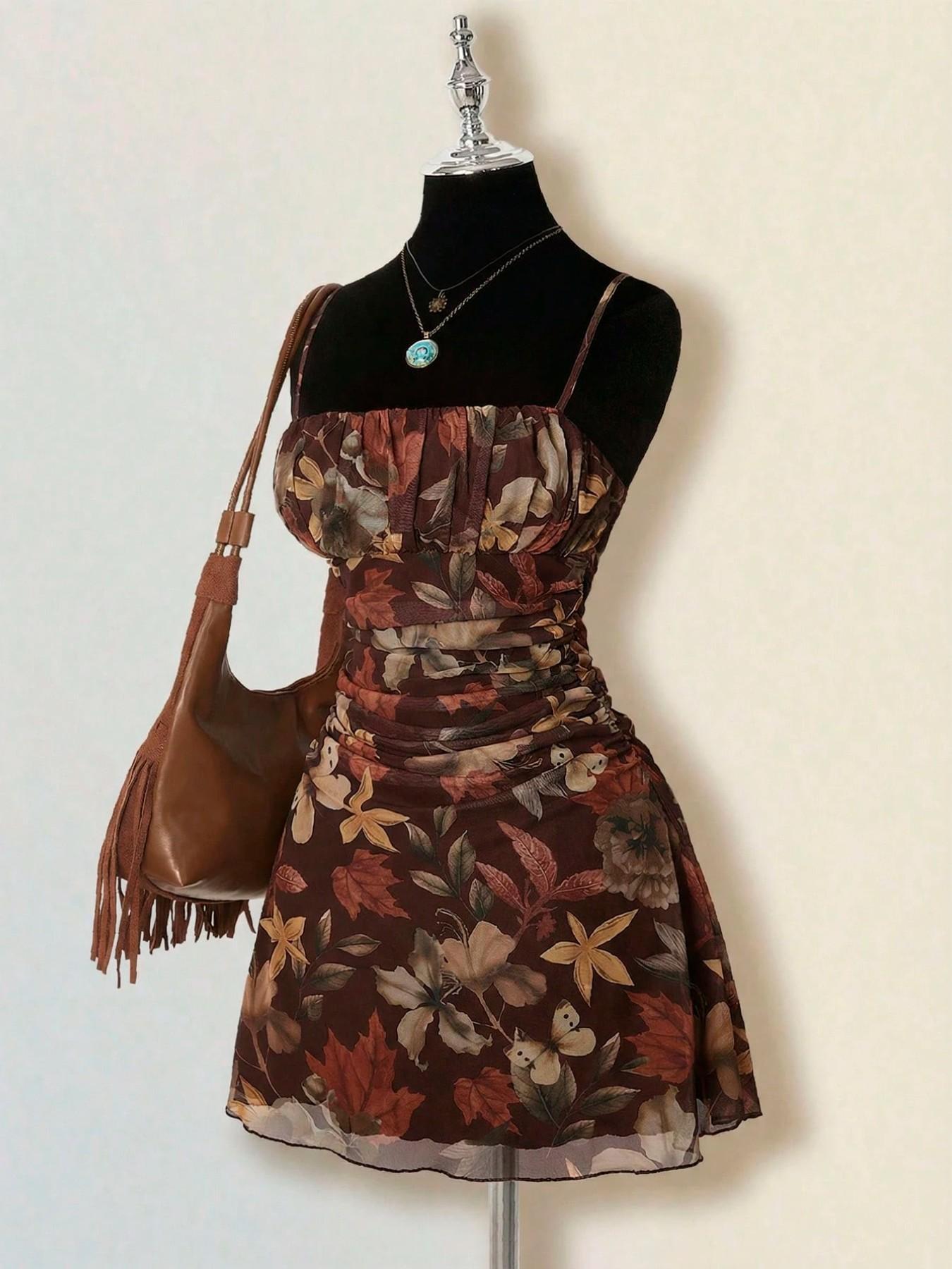 VVZ Women's Vintage Maple Leaf Print Ruched Mini Dress