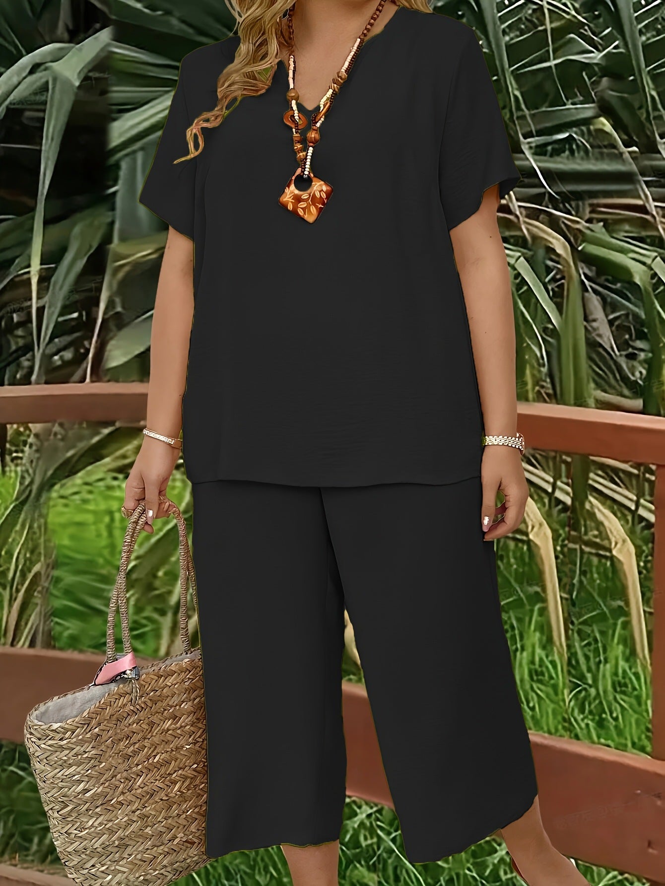 VVZ Elegant Plus-Size Women's Set: Solid-Color Short-Sleeve Fashion Top & Casual Wide-Leg Pants