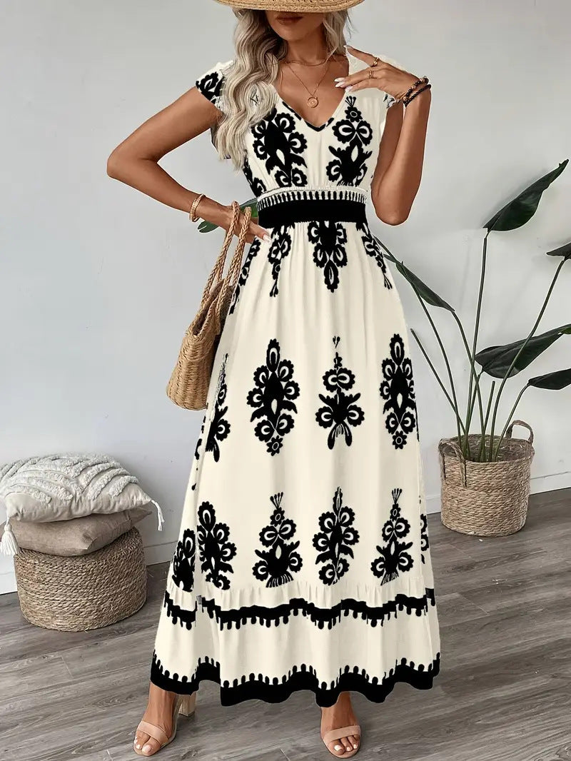 VVZ Women's V Neck Ruffle Hem A-Line Dress