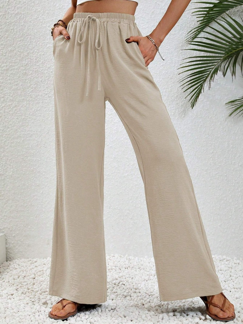 VVZ Women's Solid-Color Straight-Leg Pants with Pockets and Front Tie Closure
