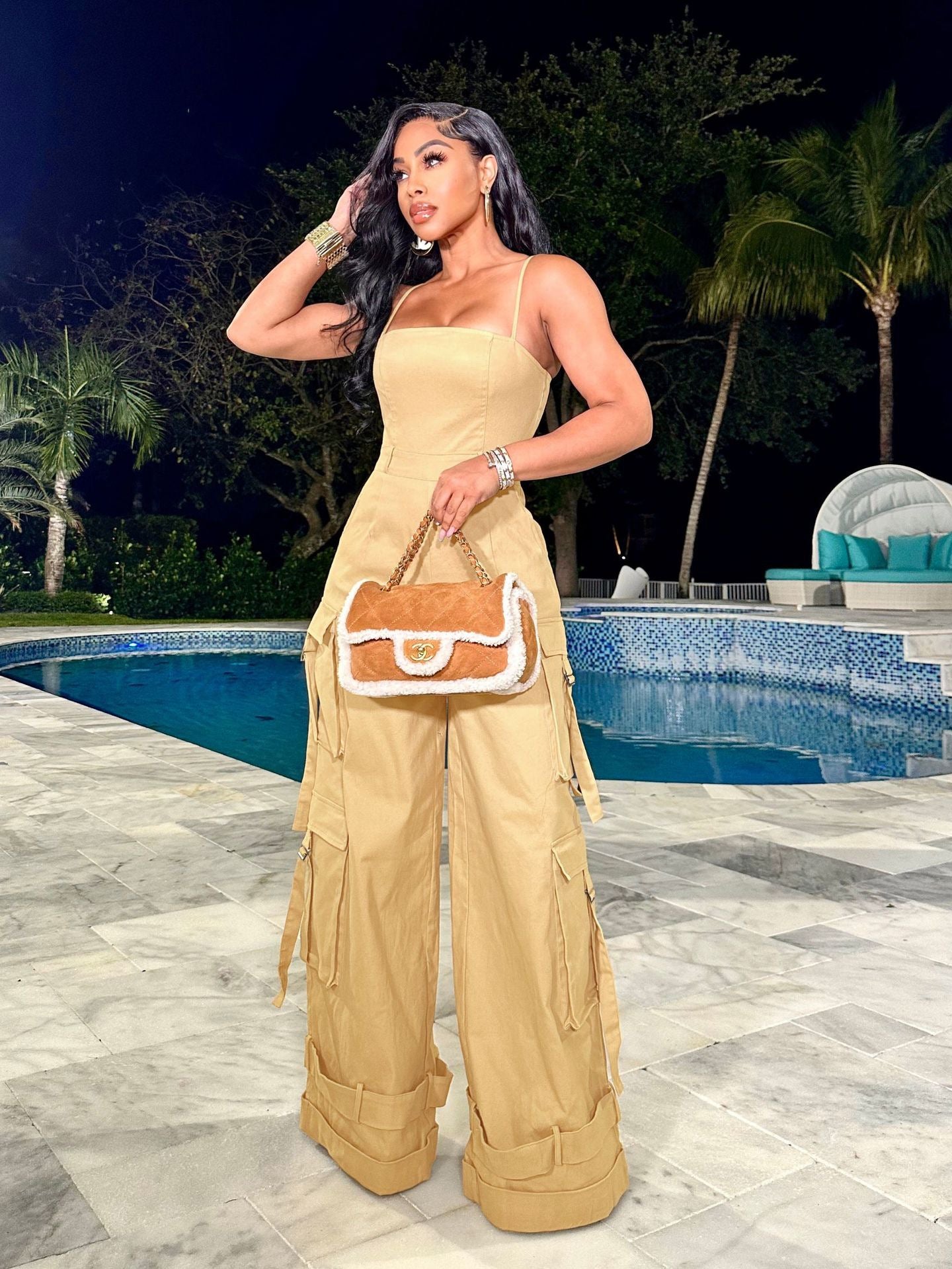 VVZ Women's Solid-Color Wide-Leg Cargo Jumpsuit