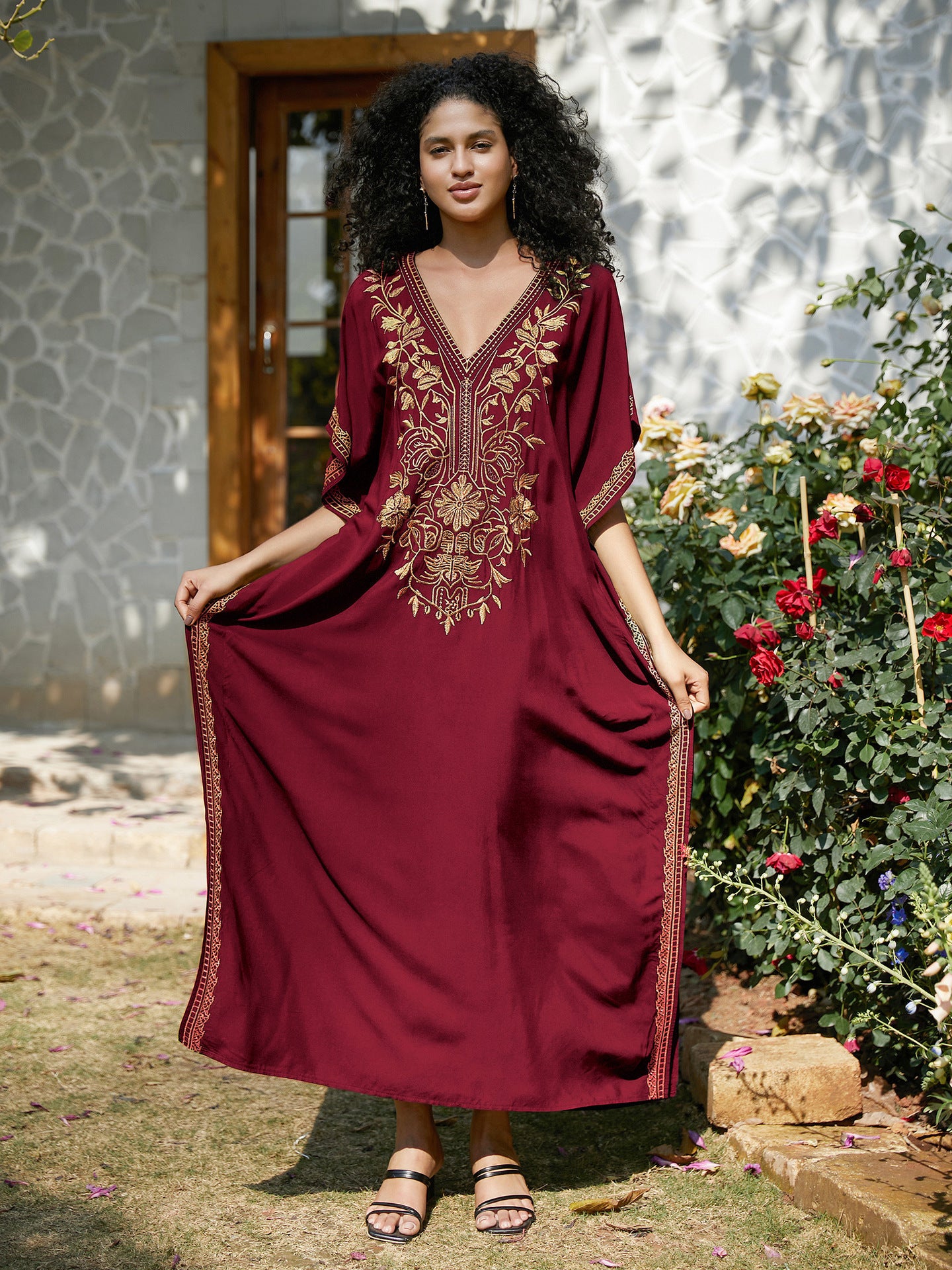 VVZ Elegant Summer V-Neck Half-Sleeve Maxi Dress