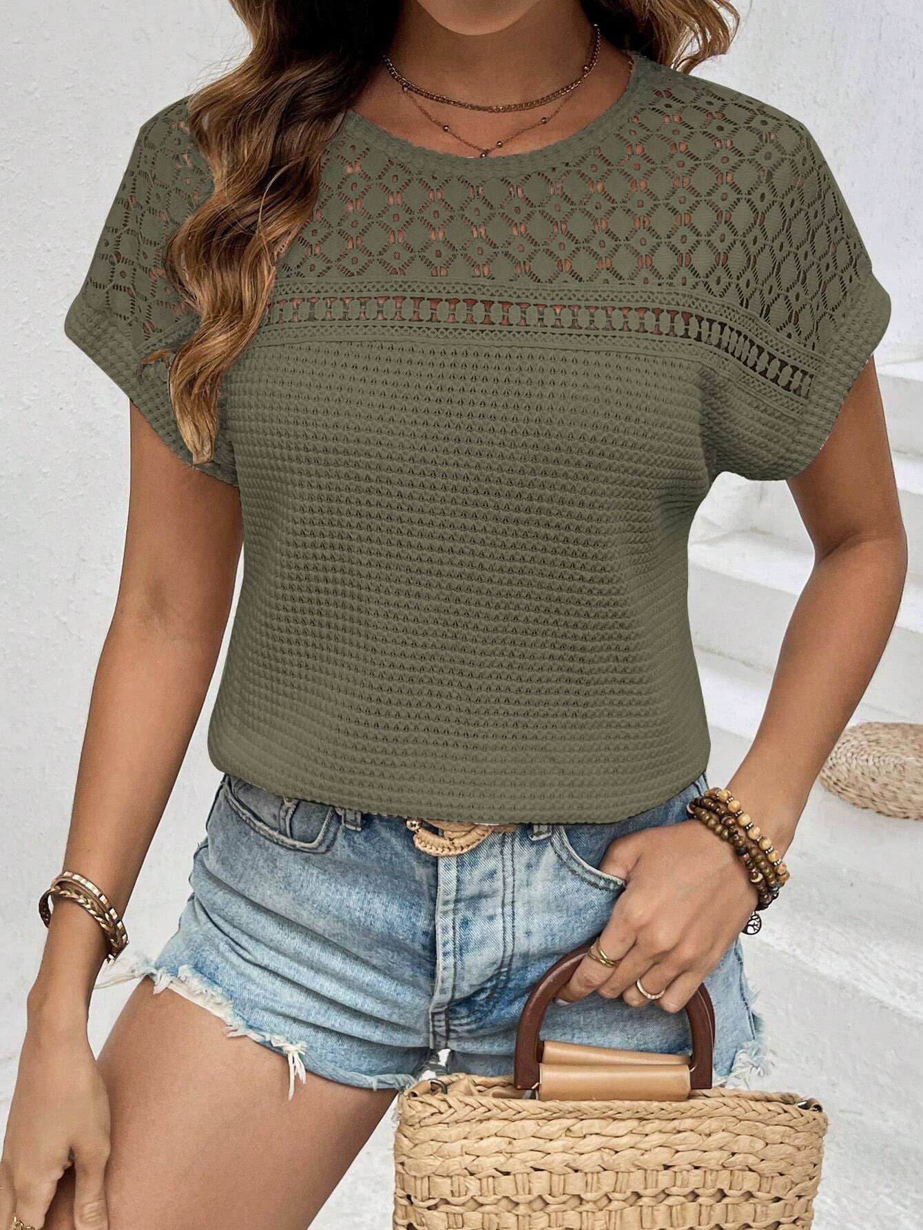 VVZ Crew Neck, Short-Sleeve, Waffle-Knit Openwork Shirt