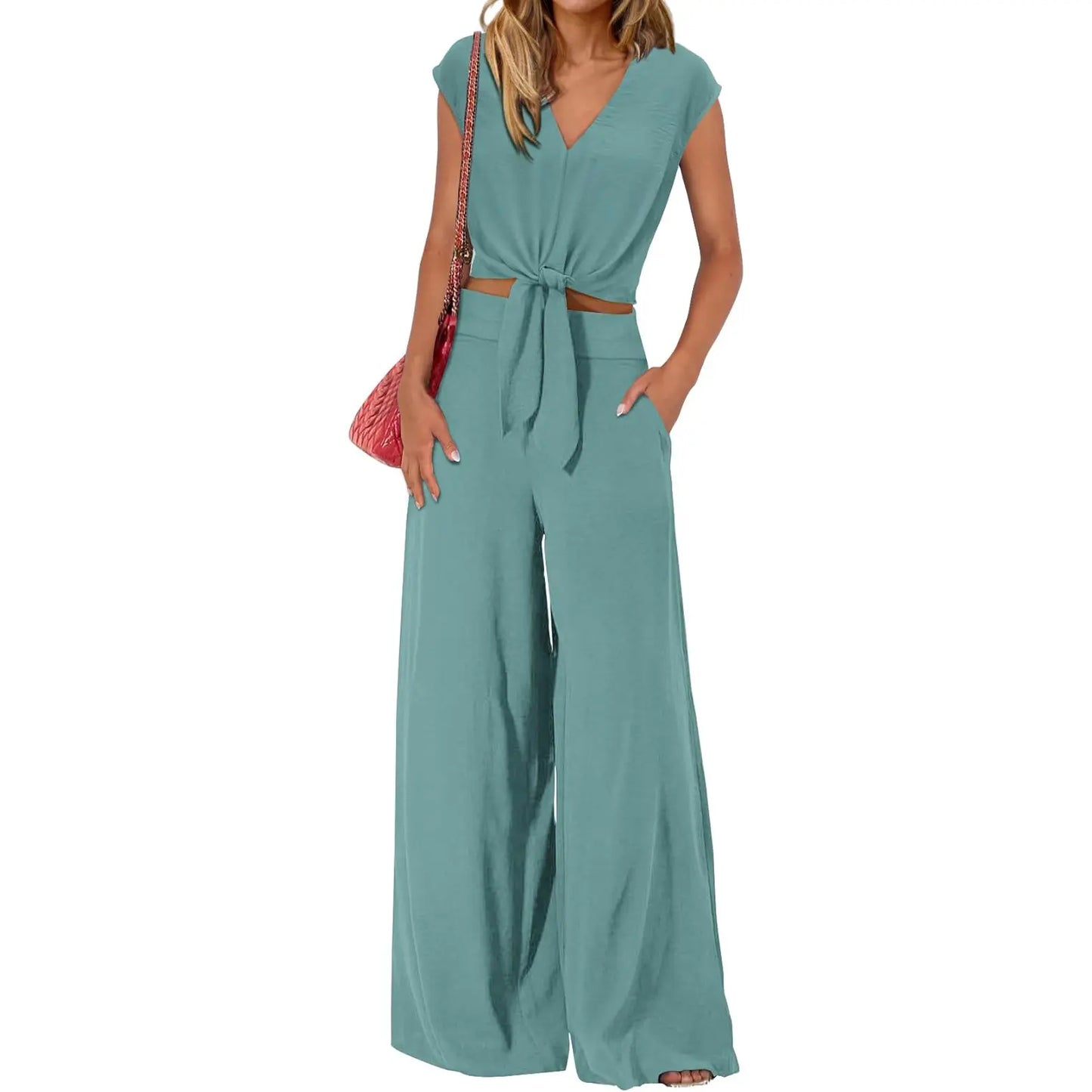 VVZ Short-sleeved V-neck cropped top with tie and wide-leg pants