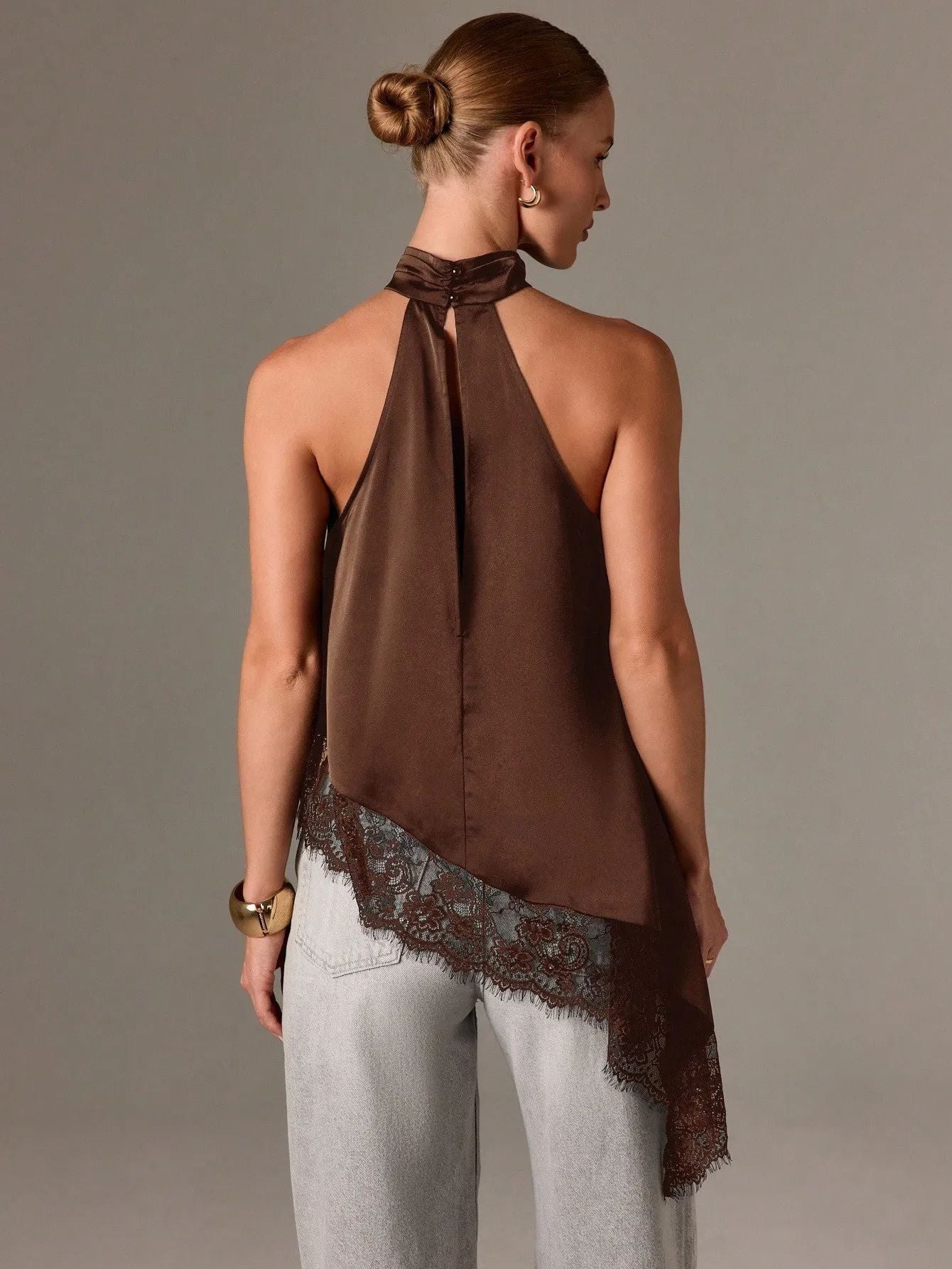 VVZ Women's Halter Top — Summer Sleeveless, Backless Camisole with Asymmetrical Lace Hem