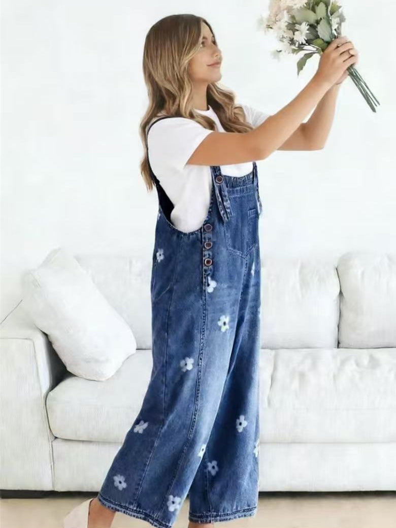 VVZ Cute floral-print denim jumpsuit