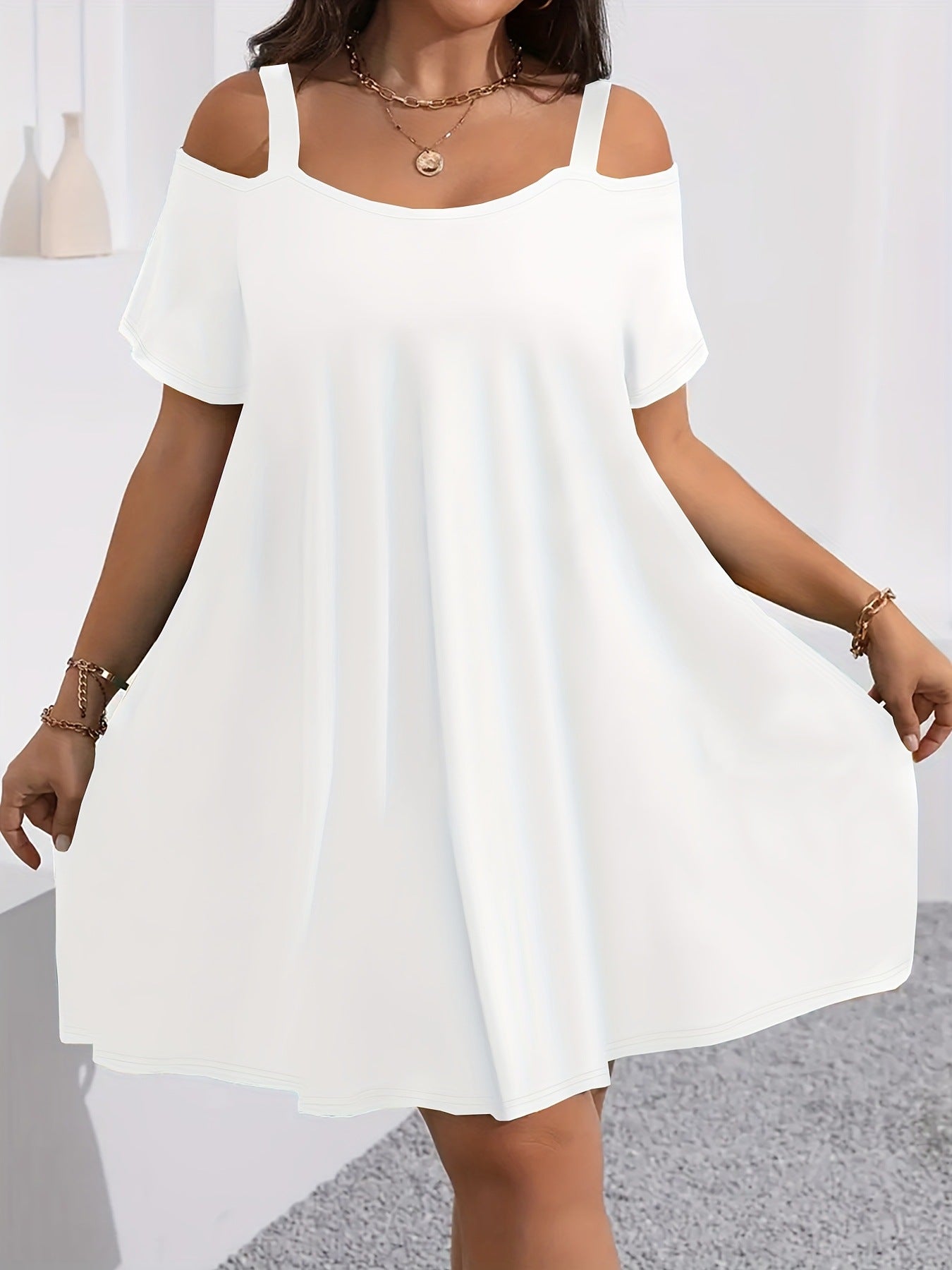 VVZ Plus-Size Women's Casual Midi Dress: Crew Neck, Short Sleeve, Cold-Shoulder, Slim Fit