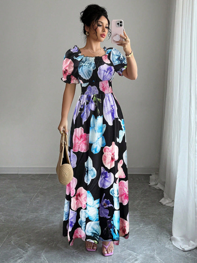 VVZ Printed puff-sleeve dress with a fitted waist