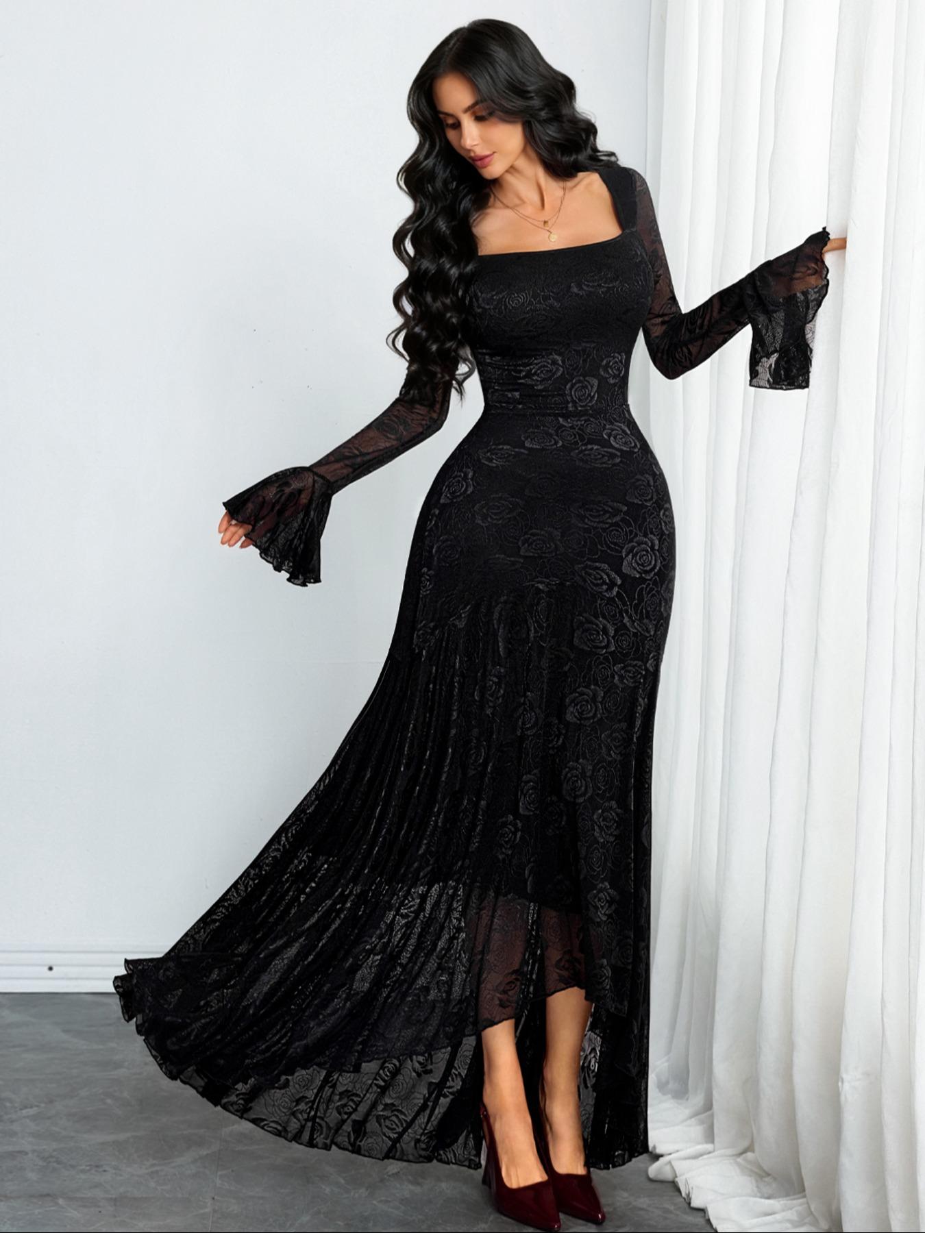VVZ Elegant Asymmetrical Slim-Fit Gown with Mesh Splicing and Long Sleeves