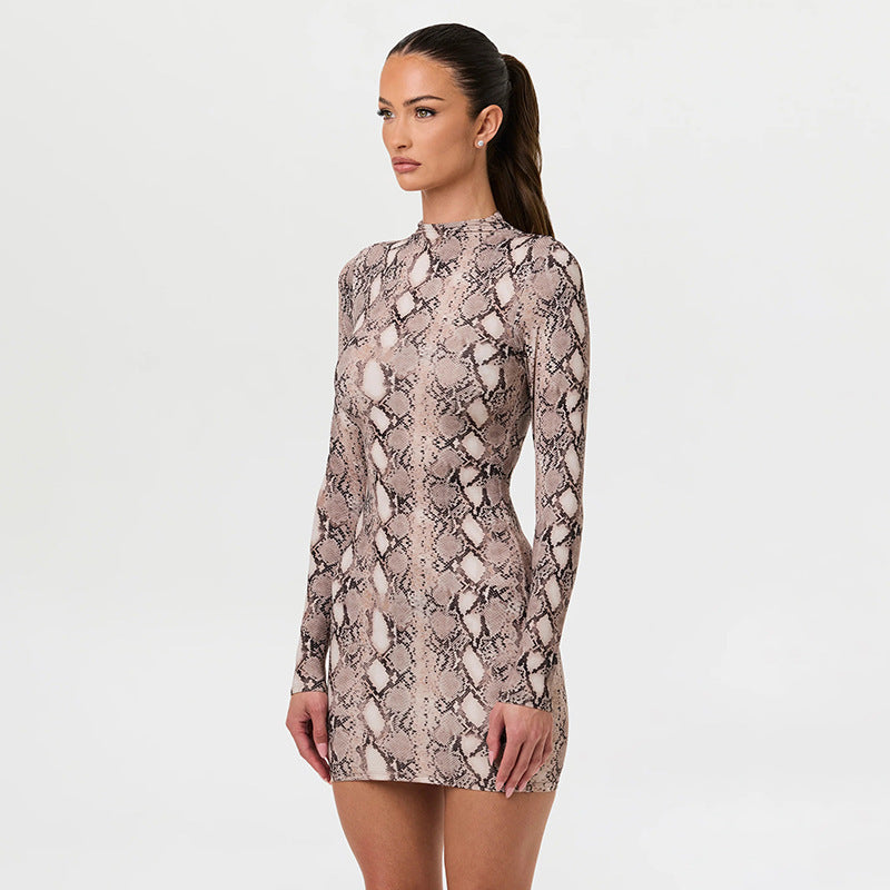 VVZ Women's Fashion Elegant Snake-Print Long-Sleeve Dress