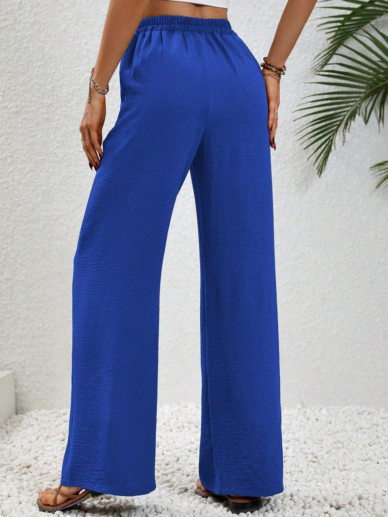 VVZ Women's Solid-Color Straight-Leg Pants with Pockets and Front Tie Closure