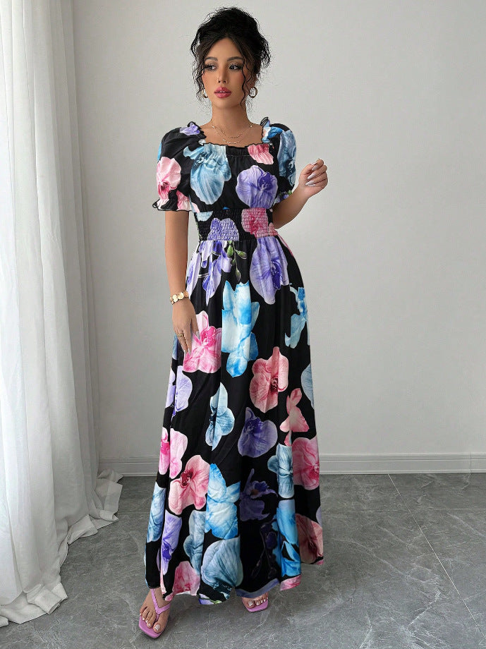 VVZ Printed puff-sleeve dress with a fitted waist