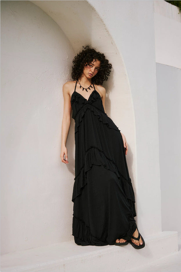 VVZ Women's Halter-Neck Ruffled Maxi Dress