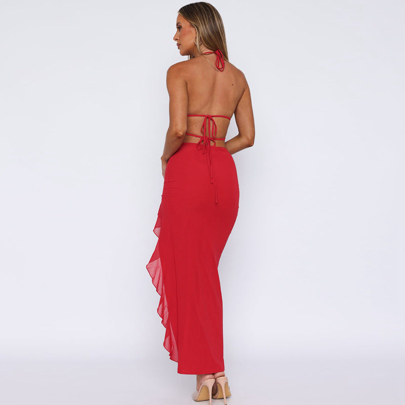 VVZ Solid-Color Ruffled, Slit, Lace-Up Backless Maxi Dress