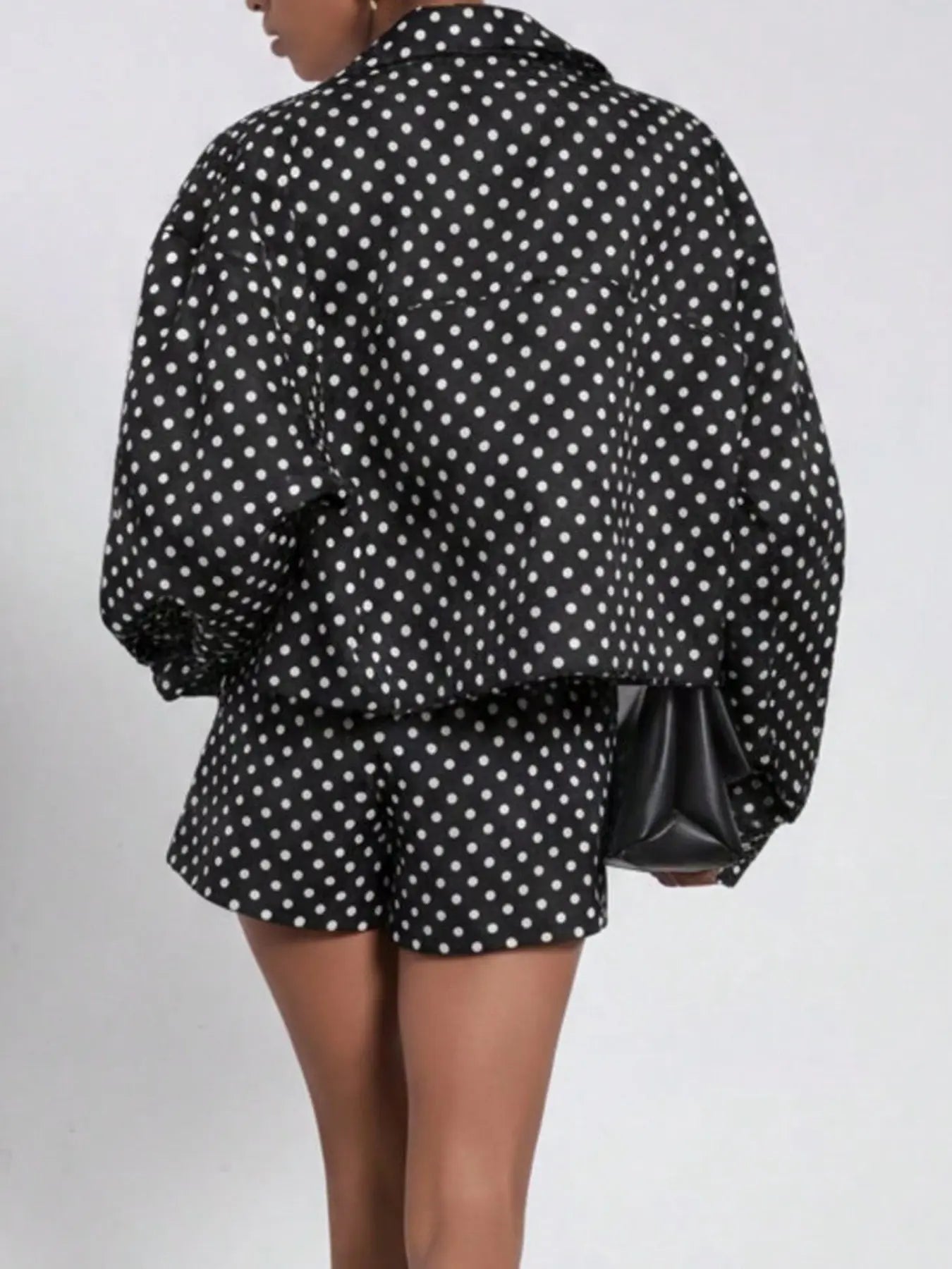 VVZ Retro Polka-Dot Stand-Collar Long-Sleeve Blazer and Shorts Set