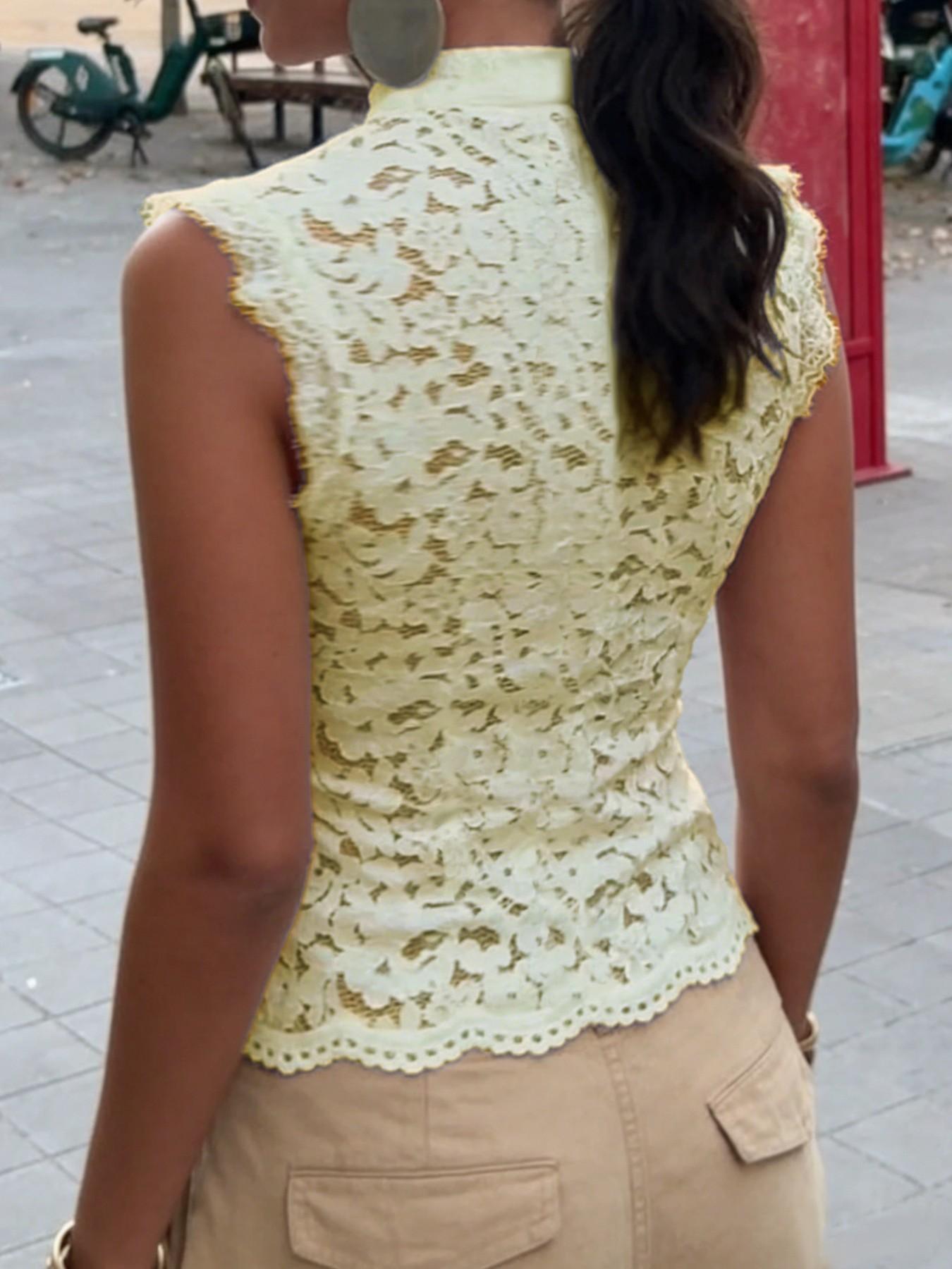 VVZ Women's Summer Lace Stand-Collar Top