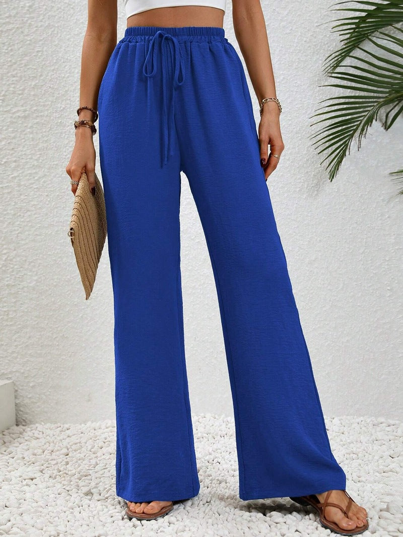 VVZ Women's Solid-Color Straight-Leg Pants with Pockets and Front Tie Closure