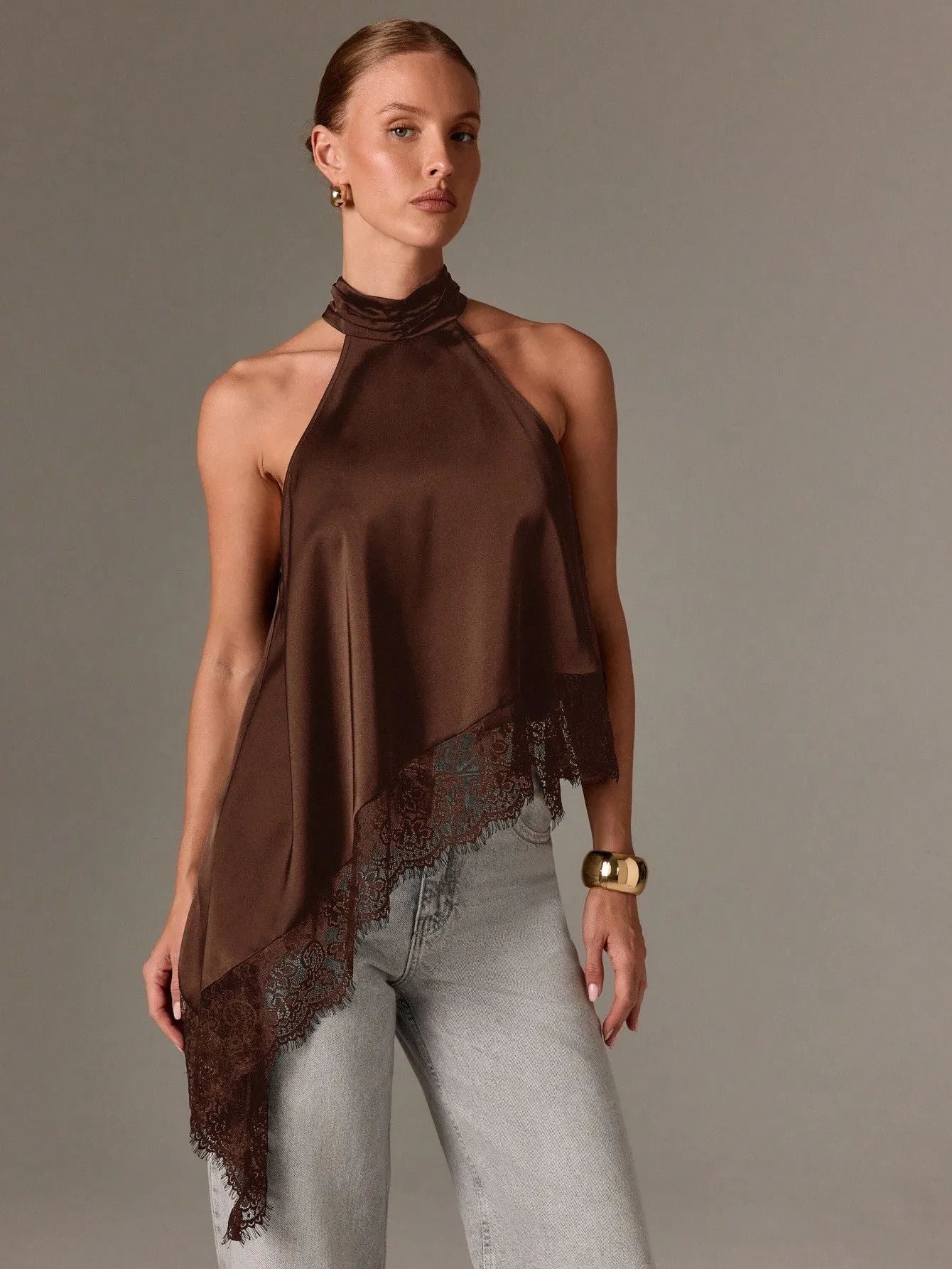VVZ Women's Halter Top — Summer Sleeveless, Backless Camisole with Asymmetrical Lace Hem