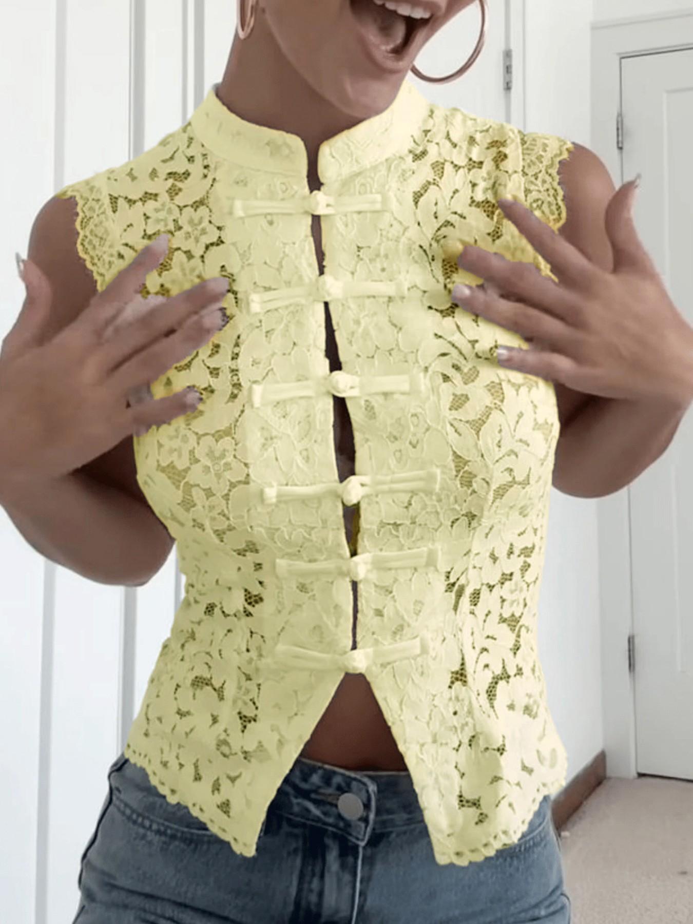 VVZ Women's Summer Lace Stand-Collar Top
