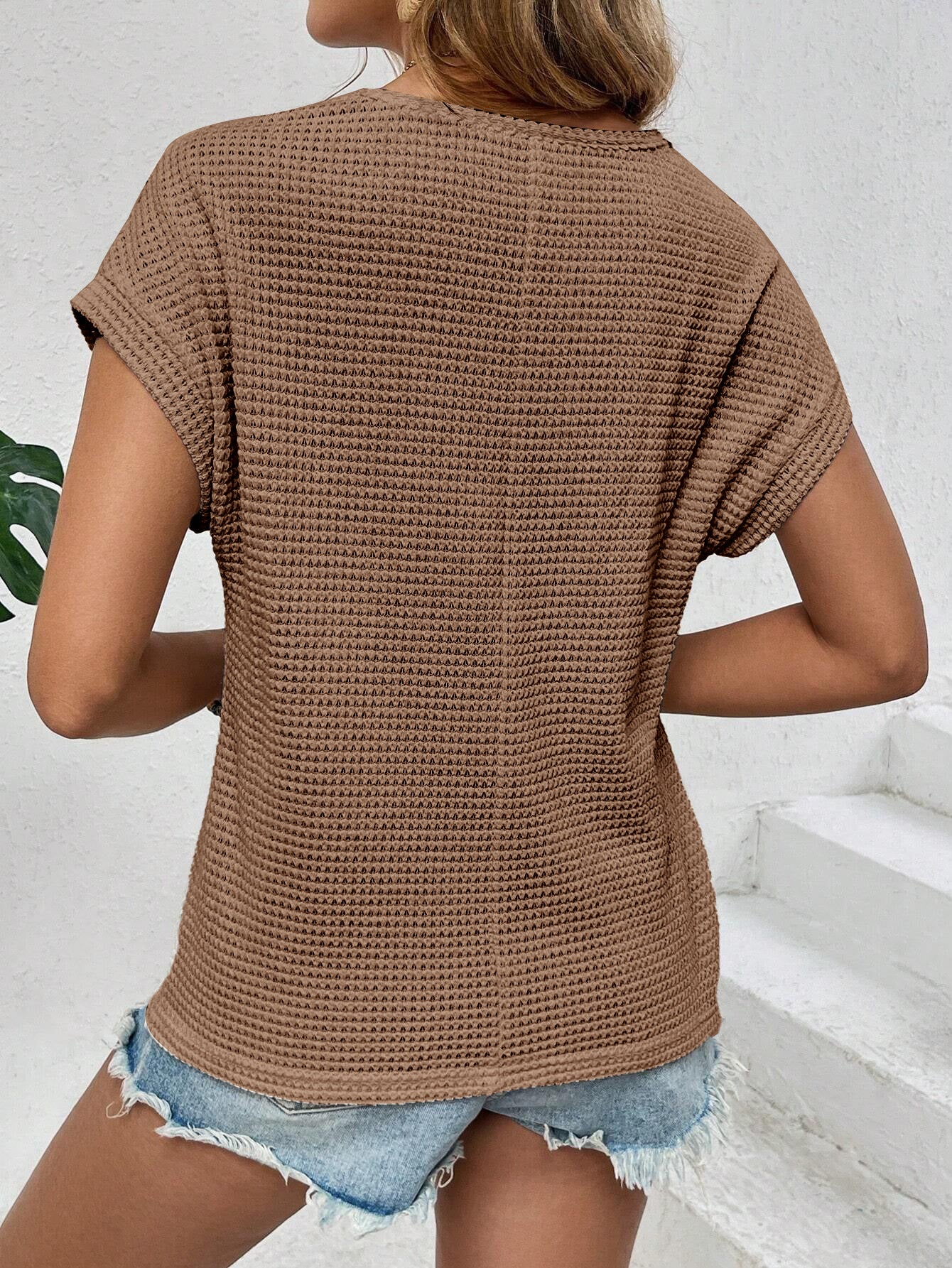 VVZ Crew Neck, Short-Sleeve, Waffle-Knit Openwork Shirt