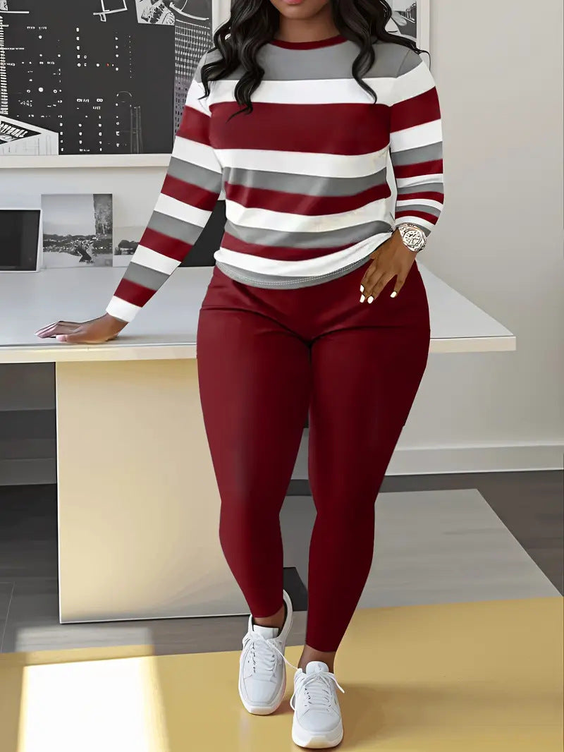 VVZ Color Block Crew Neck Top & Solid Color Pants Set