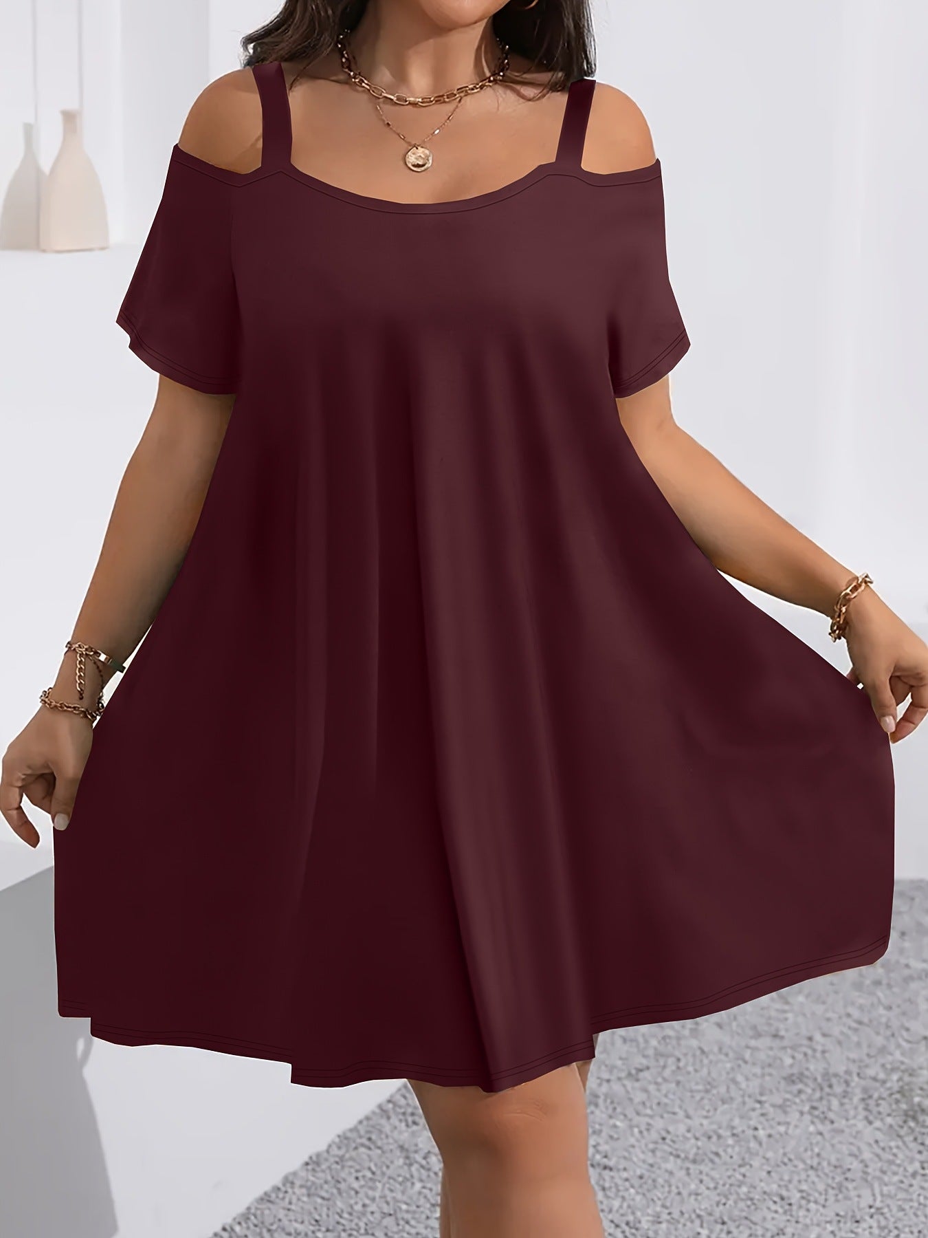 VVZ Plus-Size Women's Casual Midi Dress: Crew Neck, Short Sleeve, Cold-Shoulder, Slim Fit