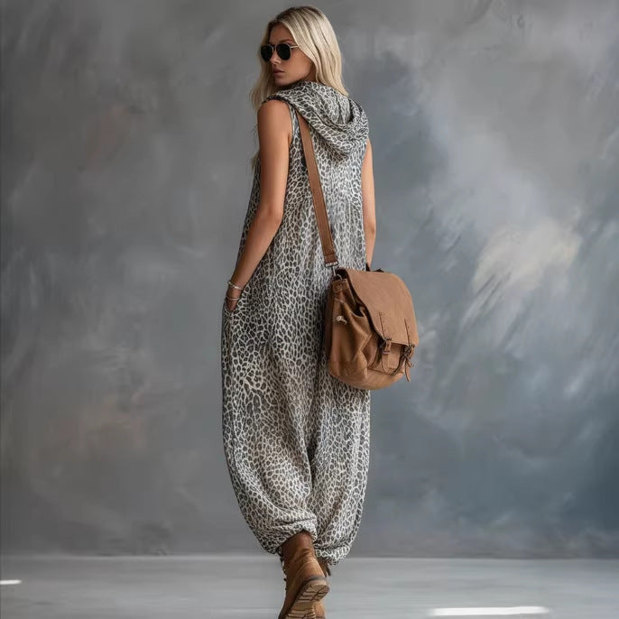 VVZ Women's Summer Leopard Print Hooded Zip-Up Jumpsuit
