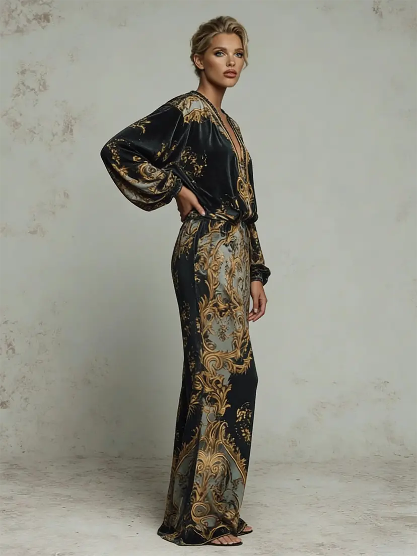 VVZ Deep V-Neck Top and High-Waisted Wide-Leg Pants