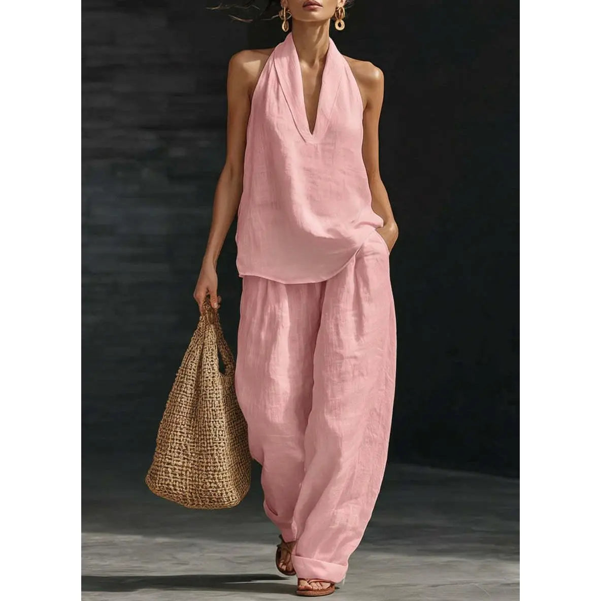 VVZ Women's Casual Two-Piece Set: Halter-Neck, Sleeveless, V-Neck