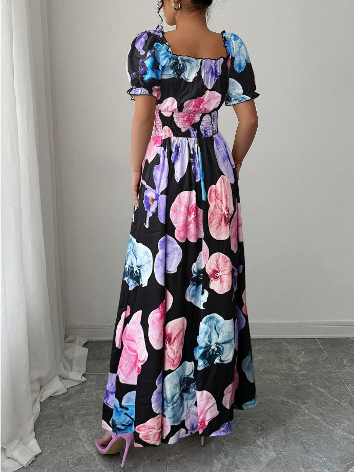 VVZ Printed puff-sleeve dress with a fitted waist