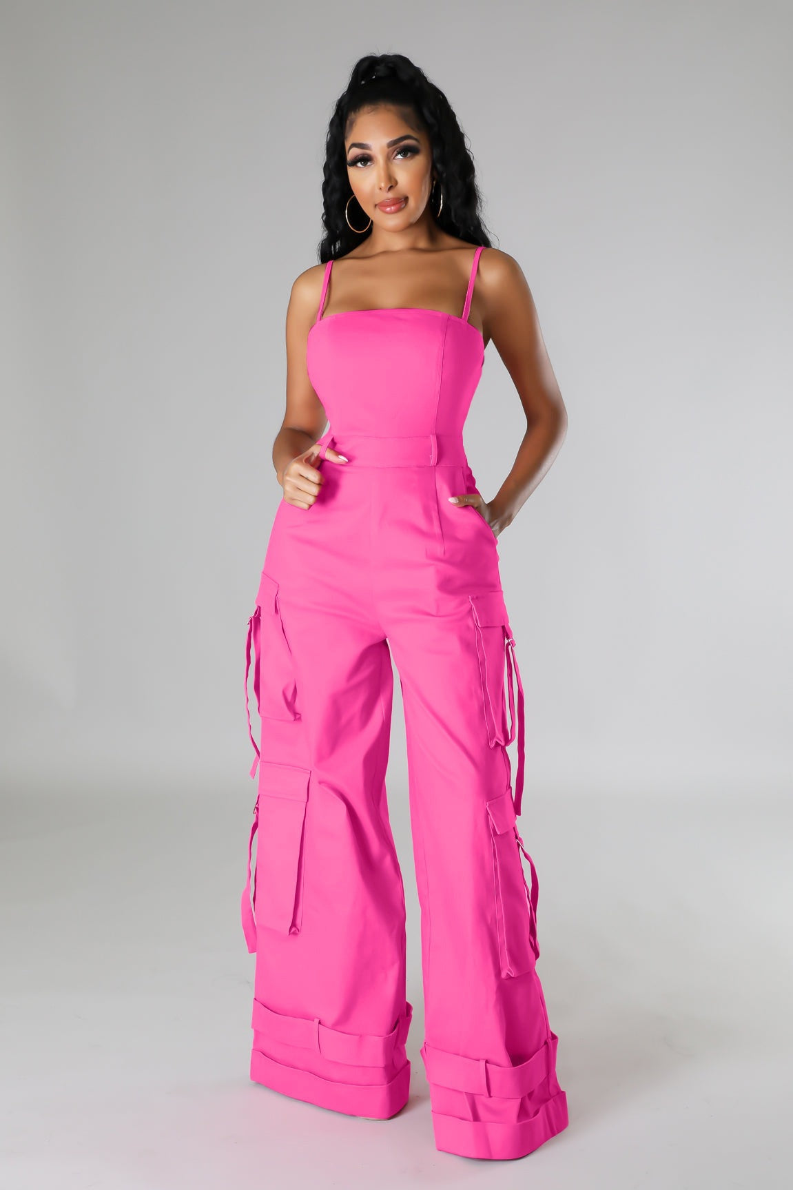 VVZ Women's Solid-Color Wide-Leg Cargo Jumpsuit