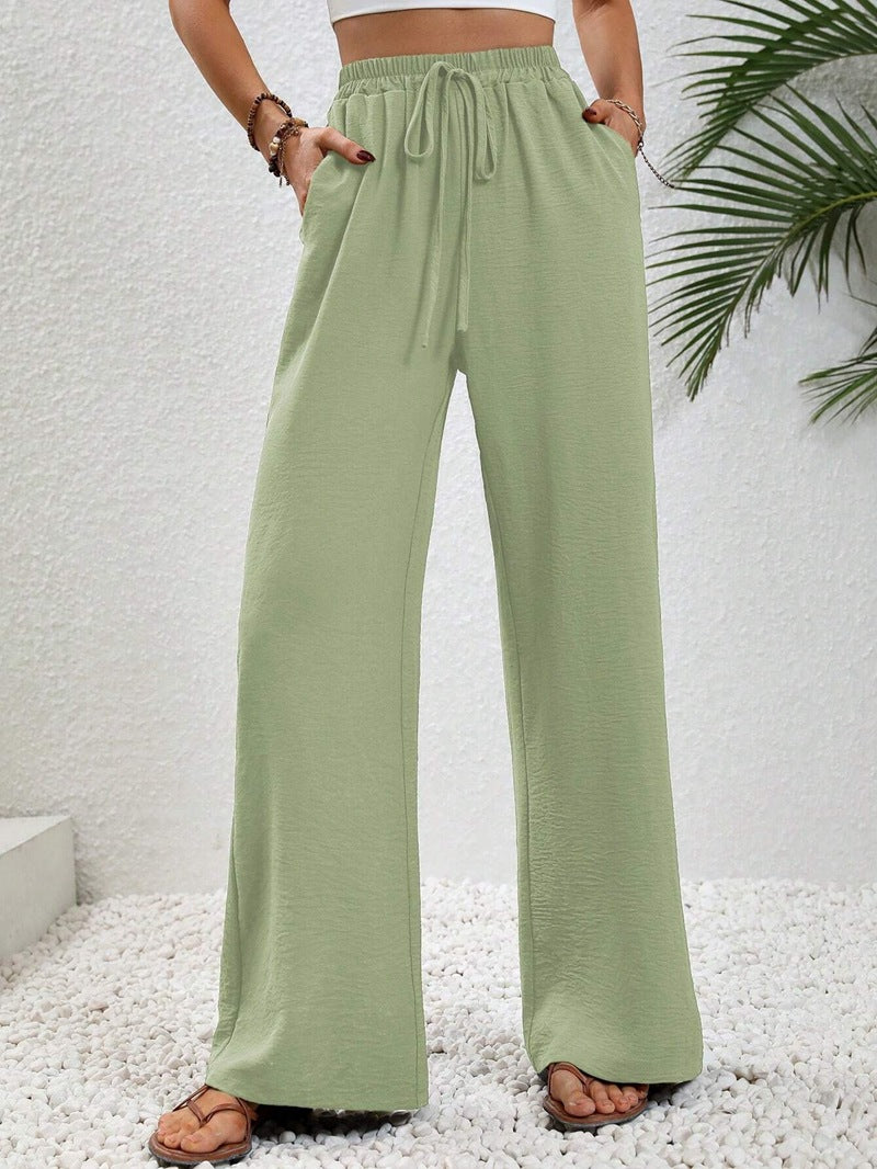 VVZ Women's Solid-Color Straight-Leg Pants with Pockets and Front Tie Closure
