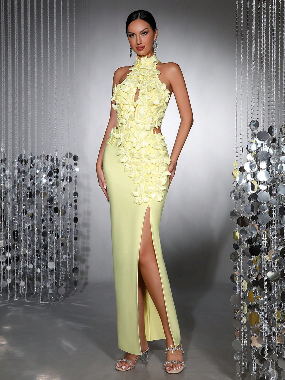VVZ Sleeveless, High-Neck, Backless, 3D Floral, Long Bandage Dress